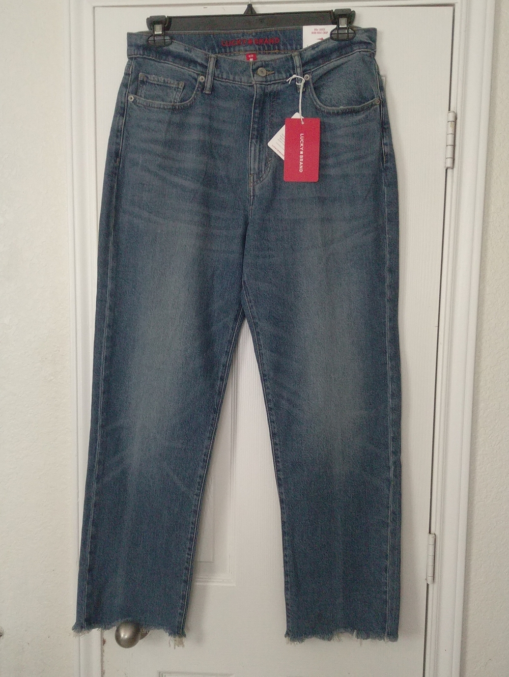 Lucky Brand 90s Loose High Rise Blue Straight Leg Crop Jeans Raw Hem Sz 8/29